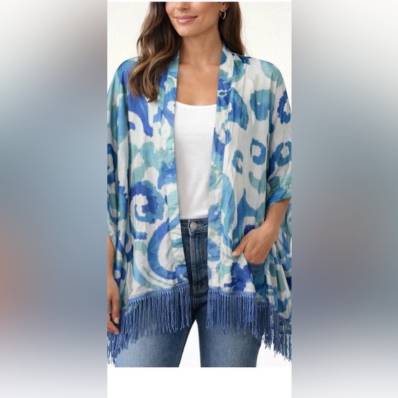Chico's Sweaters - Chico's Silk Fringe Trim Whimsical Scroll Ruana Wrap One Size 100% Silk
